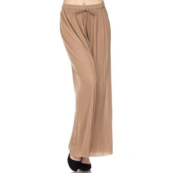 Mocha Pleated Palazzo Wide Leg Pants w/Drawstring - Picture 2 of 5